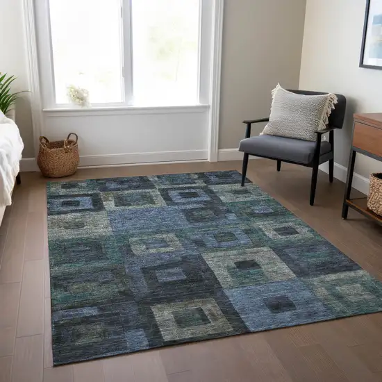 Blue Gray And Charcoal Geometric Washable Indoor Outdoor Area Rug Photo 9