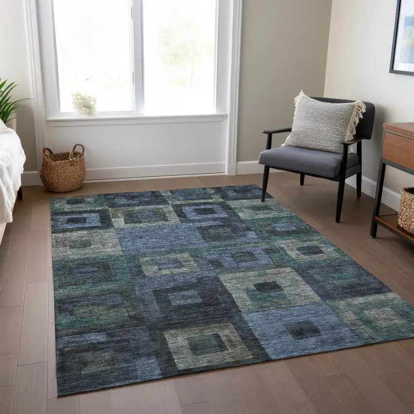Blue Gray And Charcoal Geometric Washable Indoor Outdoor Area Rug Photo 9
