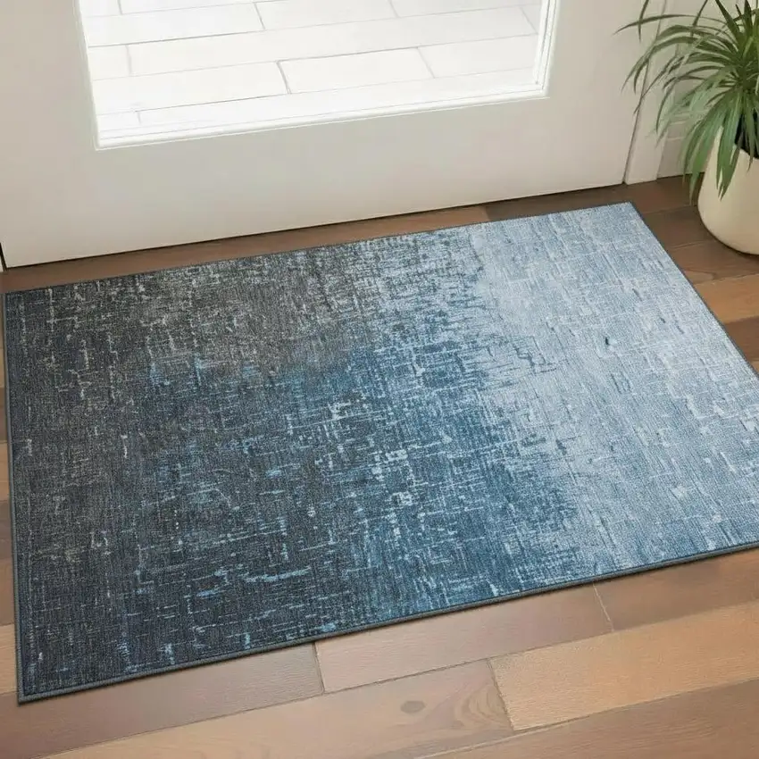 Blue Gray And Charcoal Ombre Washable Area Rug With UV Protection Photo 2