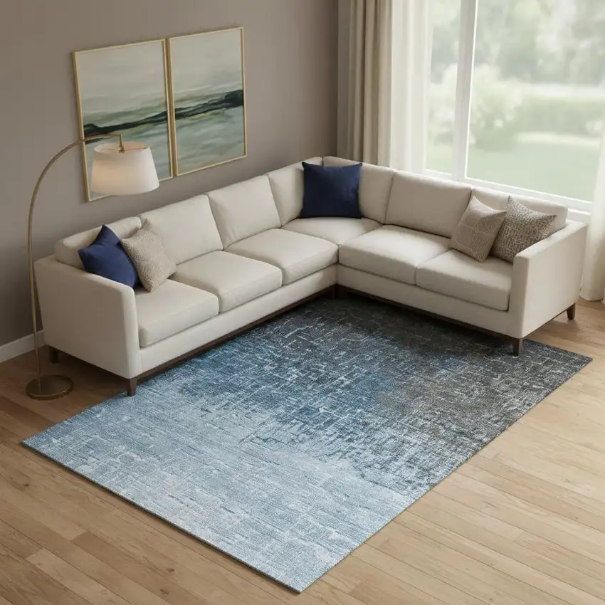 Blue Gray And Charcoal Ombre Washable Area Rug With UV Protection Photo 2