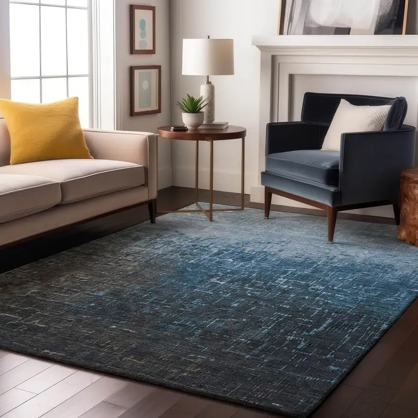 Blue Gray And Charcoal Ombre Washable Area Rug With UV Protection Photo 4