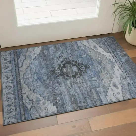 Blue Gray And Charcoal Oriental Washable Area Rug With UV Protection Photo 2