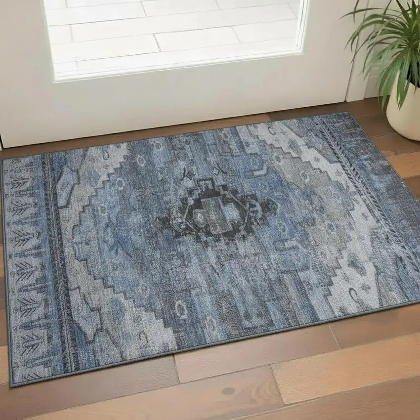 Blue Gray And Charcoal Oriental Washable Area Rug With UV Protection Photo 2