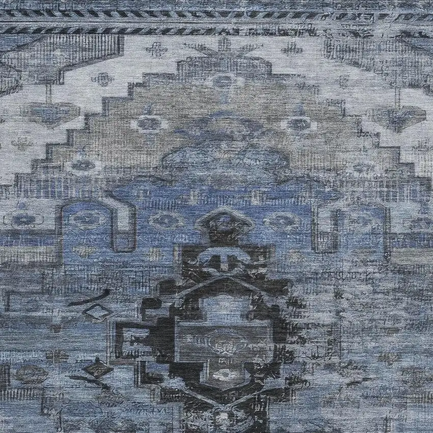 Blue Gray And Charcoal Oriental Washable Area Rug With UV Protection Photo 2
