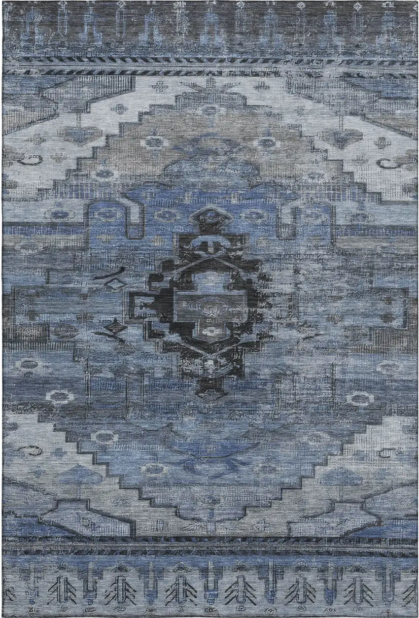 Blue Gray And Charcoal Oriental Washable Area Rug With UV Protection Photo 1