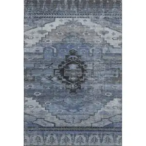 Photo of Blue Gray And Charcoal Oriental Washable Area Rug With UV Protection