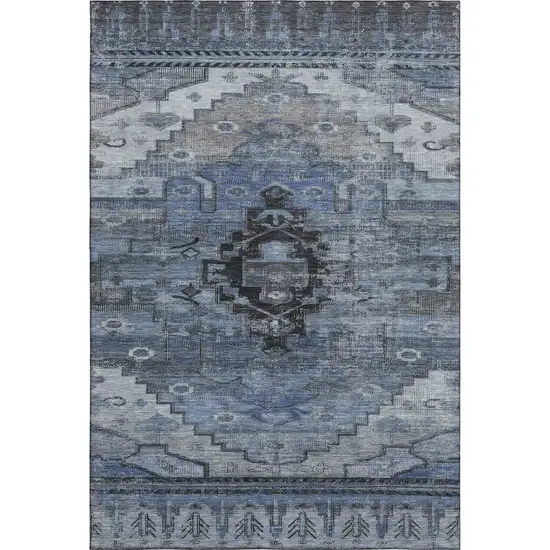 Blue Gray And Charcoal Oriental Washable Area Rug With UV Protection Photo 1