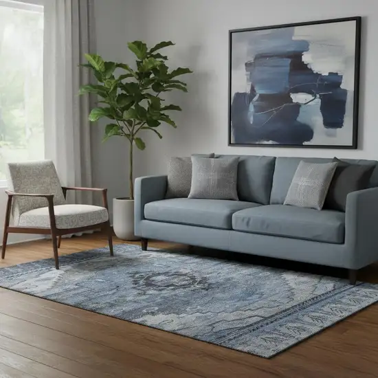Blue Gray And Charcoal Oriental Washable Area Rug With UV Protection Photo 2