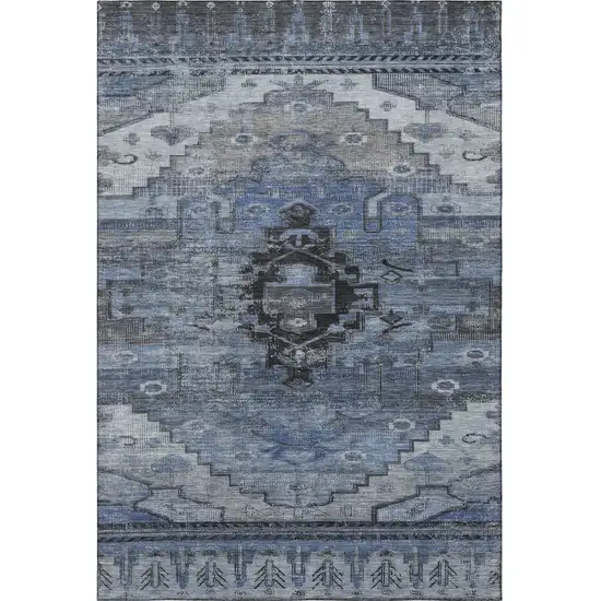 Blue Gray And Charcoal Oriental Washable Area Rug With UV Protection Photo 3