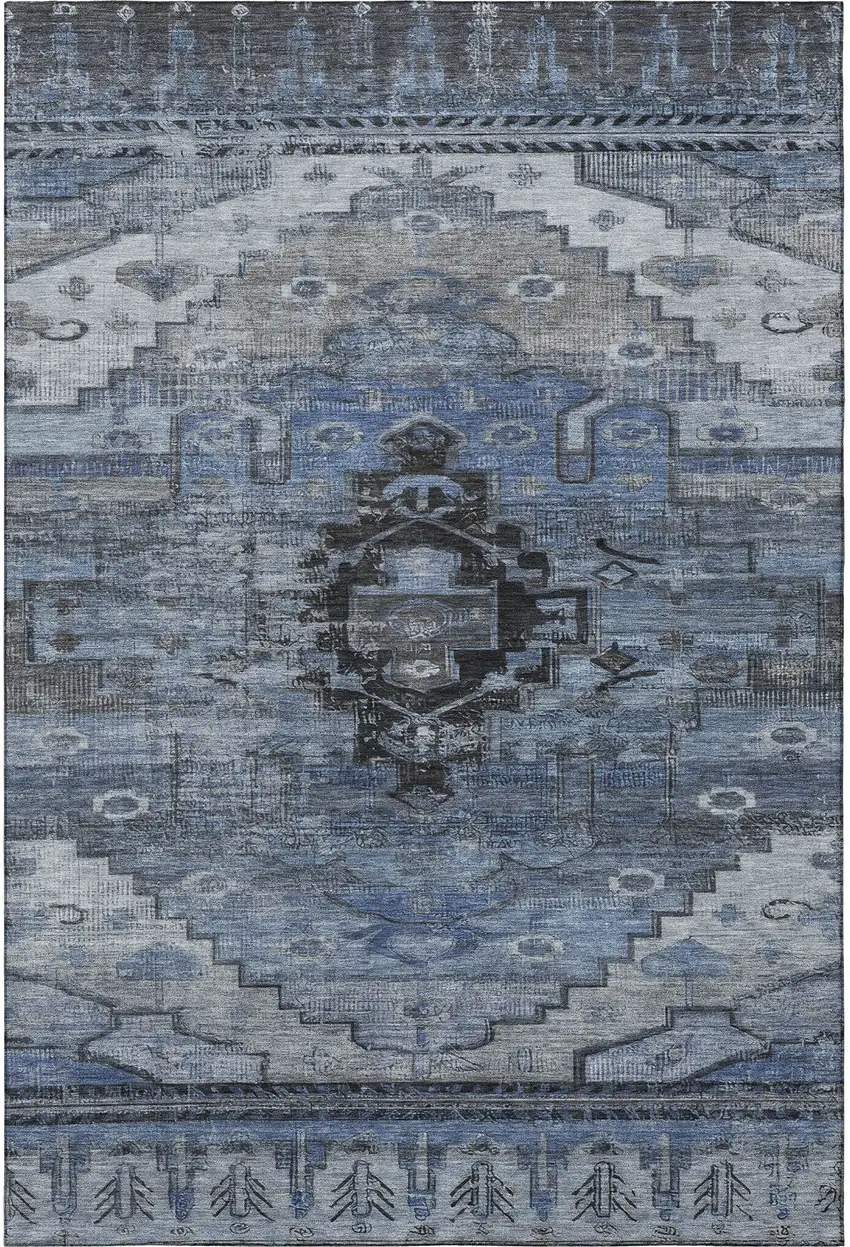 Blue Gray And Charcoal Oriental Washable Area Rug With UV Protection Photo 3
