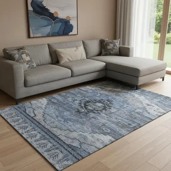 Blue Gray And Charcoal Oriental Washable Area Rug With UV Protection Photo 2
