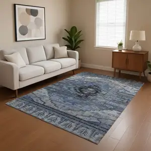 Photo of Blue Gray And Charcoal Oriental Washable Area Rug With UV Protection