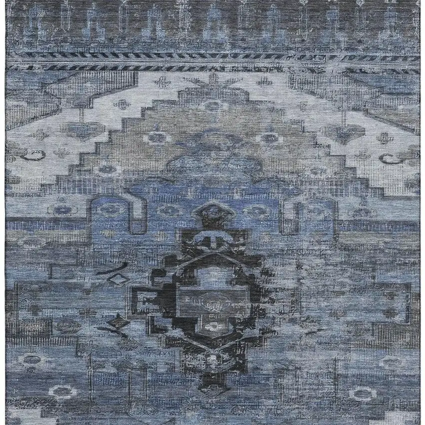 Blue Gray And Charcoal Oriental Washable Area Rug With UV Protection Photo 2