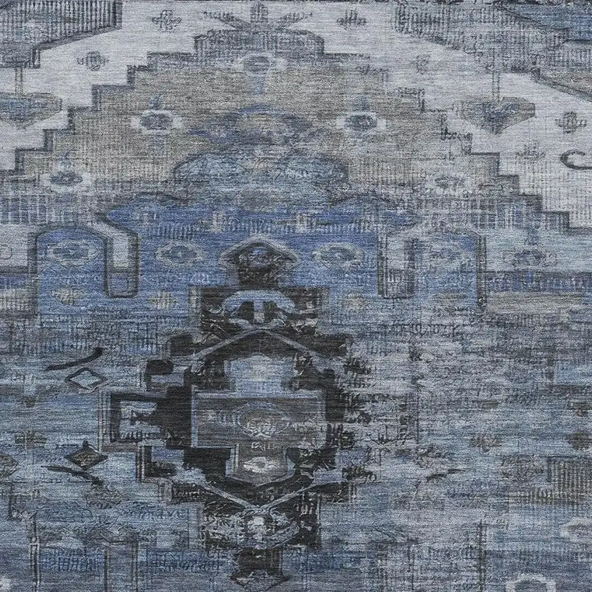 Blue Gray And Charcoal Oriental Washable Area Rug With UV Protection Photo 2