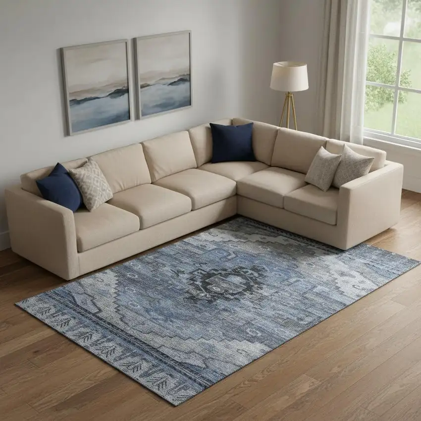 Blue Gray And Charcoal Oriental Washable Area Rug With UV Protection Photo 2
