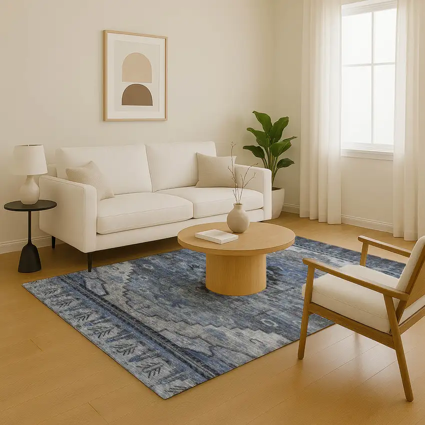 Blue Gray And Charcoal Oriental Washable Area Rug With UV Protection Photo 5