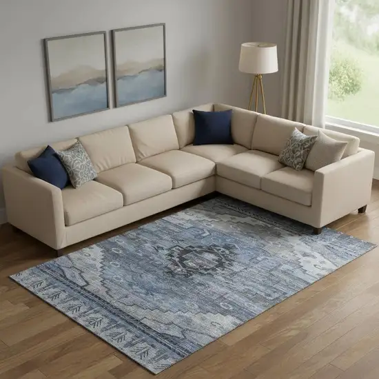 Blue Gray And Charcoal Oriental Washable Area Rug With UV Protection Photo 2