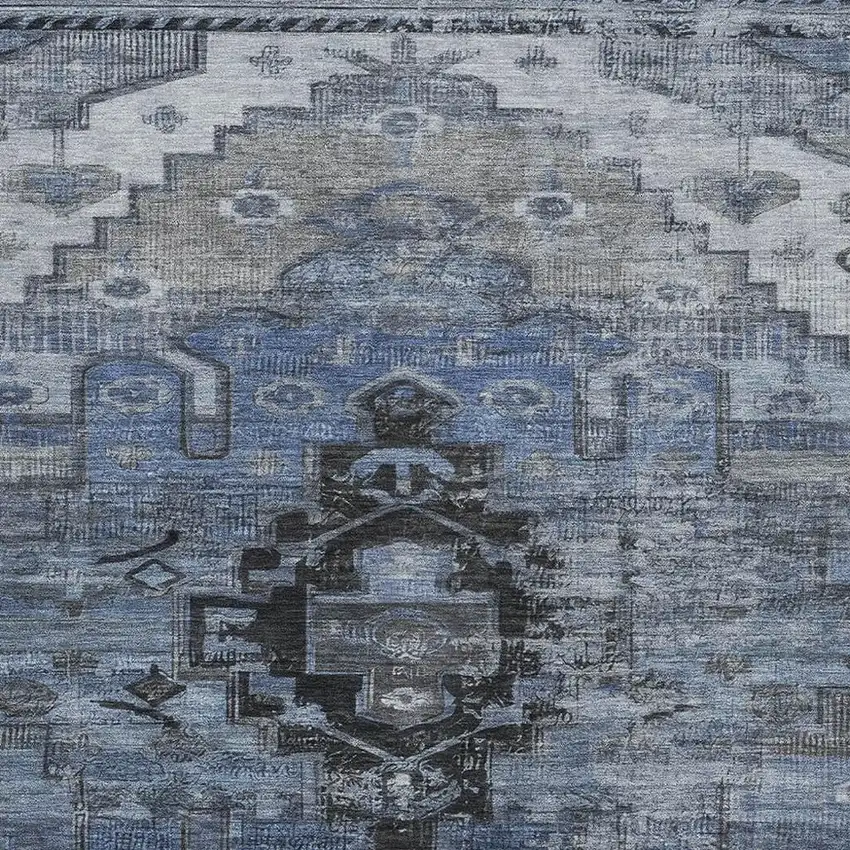 Blue Gray And Charcoal Oriental Washable Area Rug With UV Protection Photo 2