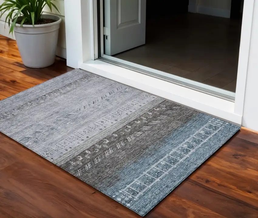 Blue Gray And Charcoal Southwestern Washable Indoor Outdoor Area Rug Photo 1