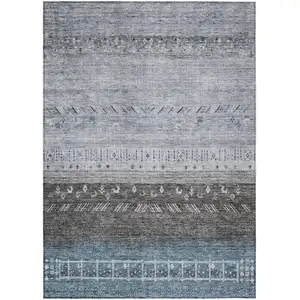 Photo of Blue Gray And Charcoal Southwestern Washable Indoor Outdoor Area Rug