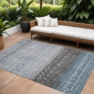 Photo of Blue Gray And Charcoal Southwestern Washable Indoor Outdoor Area Rug