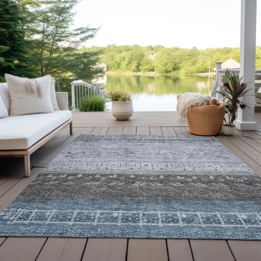 Blue Gray And Charcoal Southwestern Washable Indoor Outdoor Area Rug Photo 7