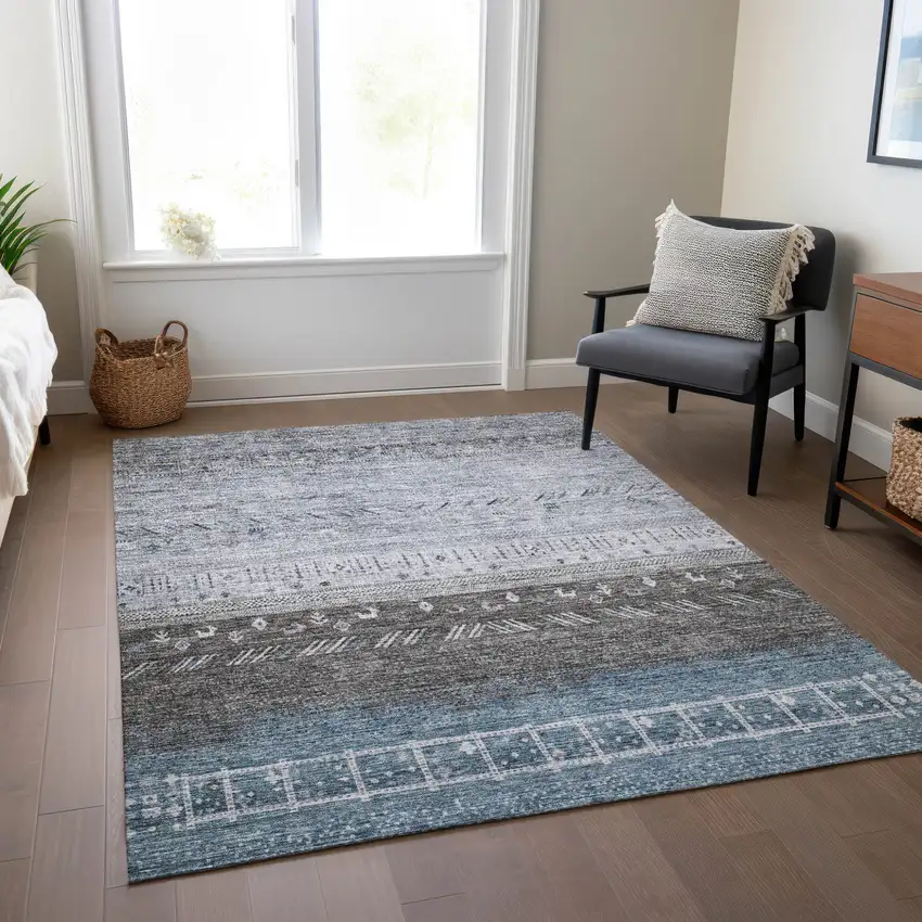 Blue Gray And Charcoal Southwestern Washable Indoor Outdoor Area Rug Photo 9