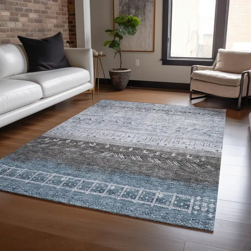 Blue Gray And Charcoal Southwestern Washable Indoor Outdoor Area Rug Photo 8