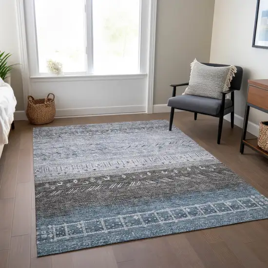 Blue Gray And Charcoal Southwestern Washable Indoor Outdoor Area Rug Photo 9