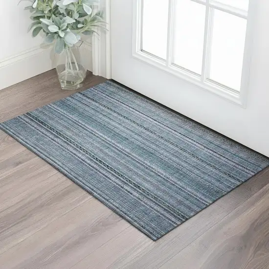 Blue Gray And Charcoal Striped Washable Area Rug With UV Protection Photo 2