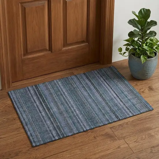 Blue Gray And Charcoal Striped Washable Area Rug With UV Protection Photo 1