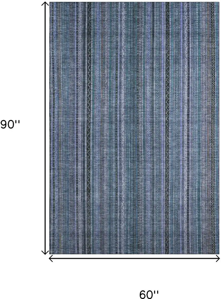 Blue Gray And Charcoal Striped Washable Area Rug With UV Protection Photo 9