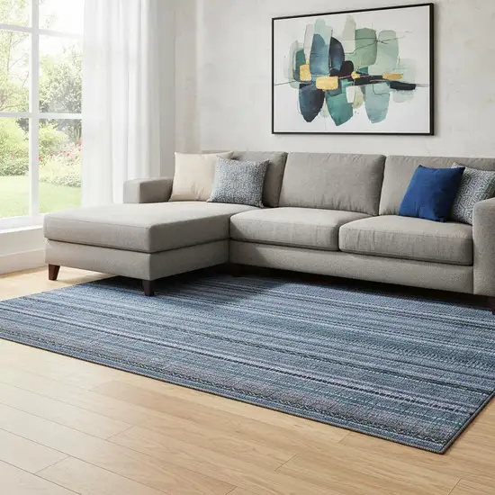 Blue Gray And Charcoal Striped Washable Area Rug With UV Protection Photo 2