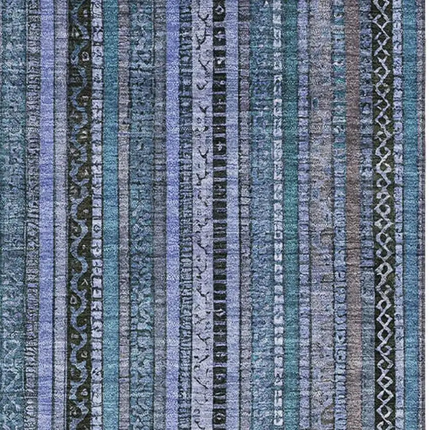 Blue Gray And Charcoal Striped Washable Area Rug With UV Protection Photo 2