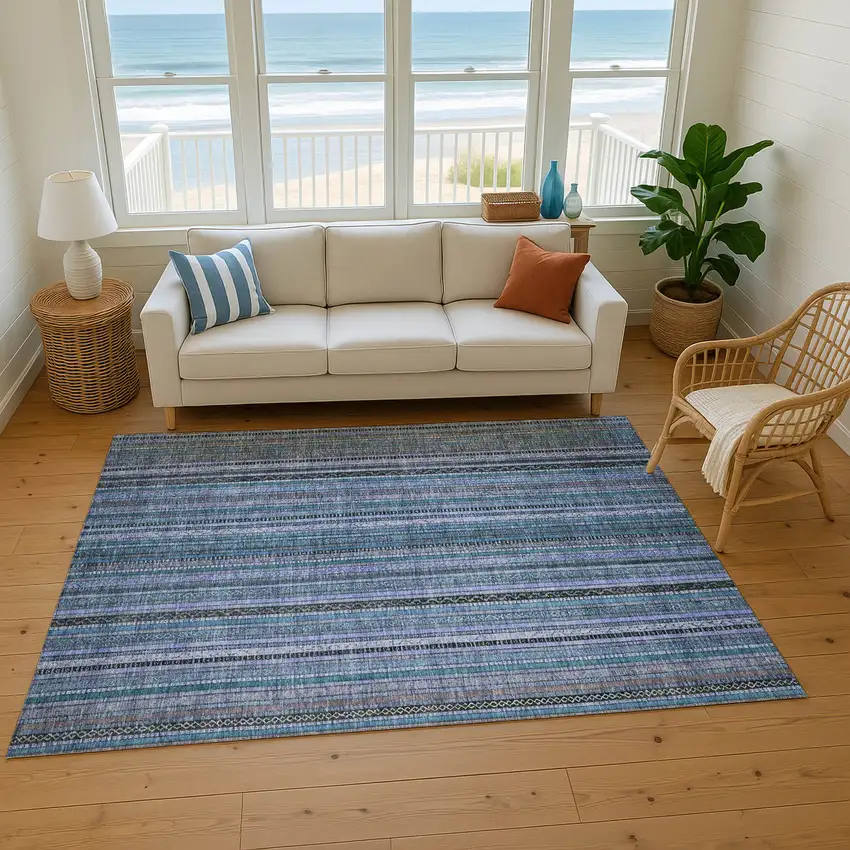 Blue Gray And Charcoal Striped Washable Area Rug With UV Protection Photo 5