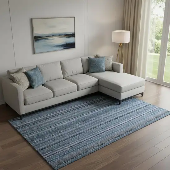 Blue Gray And Charcoal Striped Washable Area Rug With UV Protection Photo 2