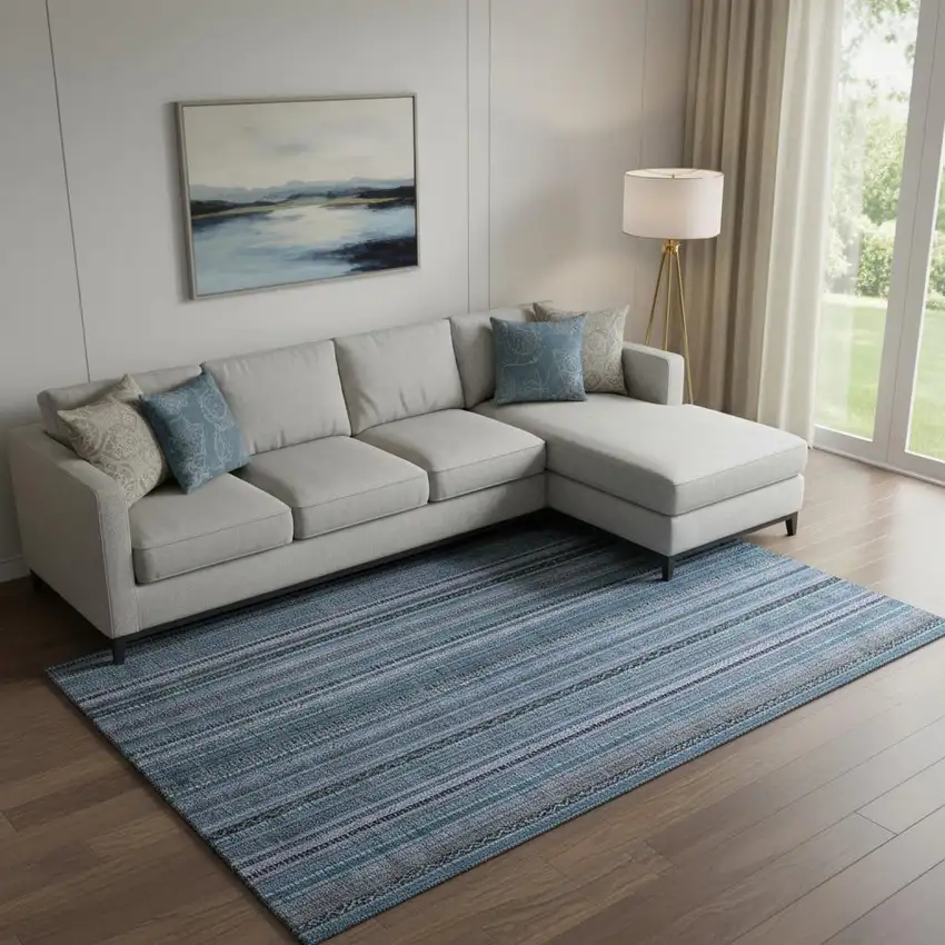 Blue Gray And Charcoal Striped Washable Area Rug With UV Protection Photo 2