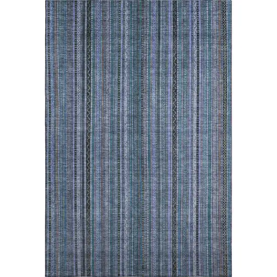 Blue Gray And Charcoal Striped Washable Area Rug With UV Protection Photo 1