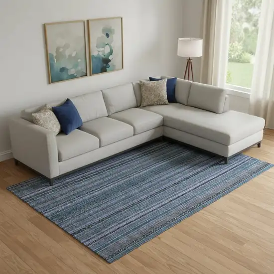 Blue Gray And Charcoal Striped Washable Area Rug With UV Protection Photo 2