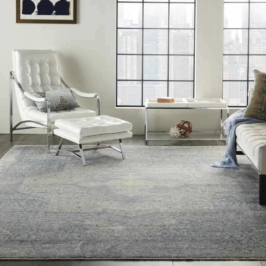 Blue Gray And Cream Floral Area Rug With Fringe Photo 5