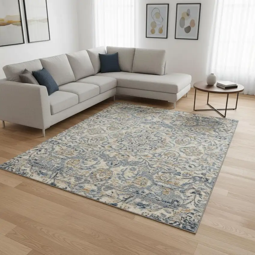Blue Gray And Cream Floral Area Rug With Fringe Photo 1