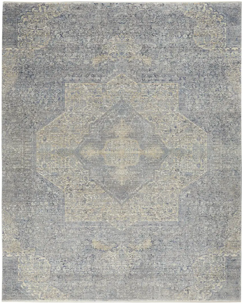 Blue Gray And Cream Floral Area Rug With Fringe Photo 9
