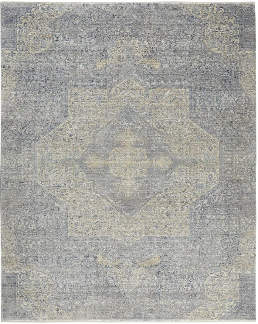 Blue Gray And Cream Floral Area Rug With Fringe Photo 8