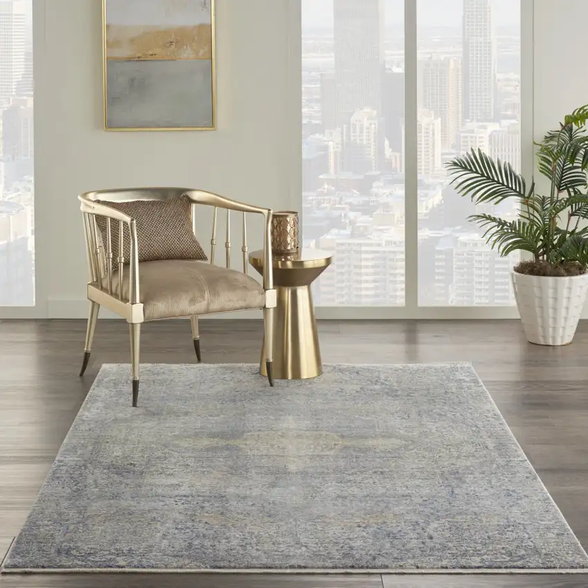 Blue Gray And Cream Floral Non Skid Area Rug With Fringe Photo 5