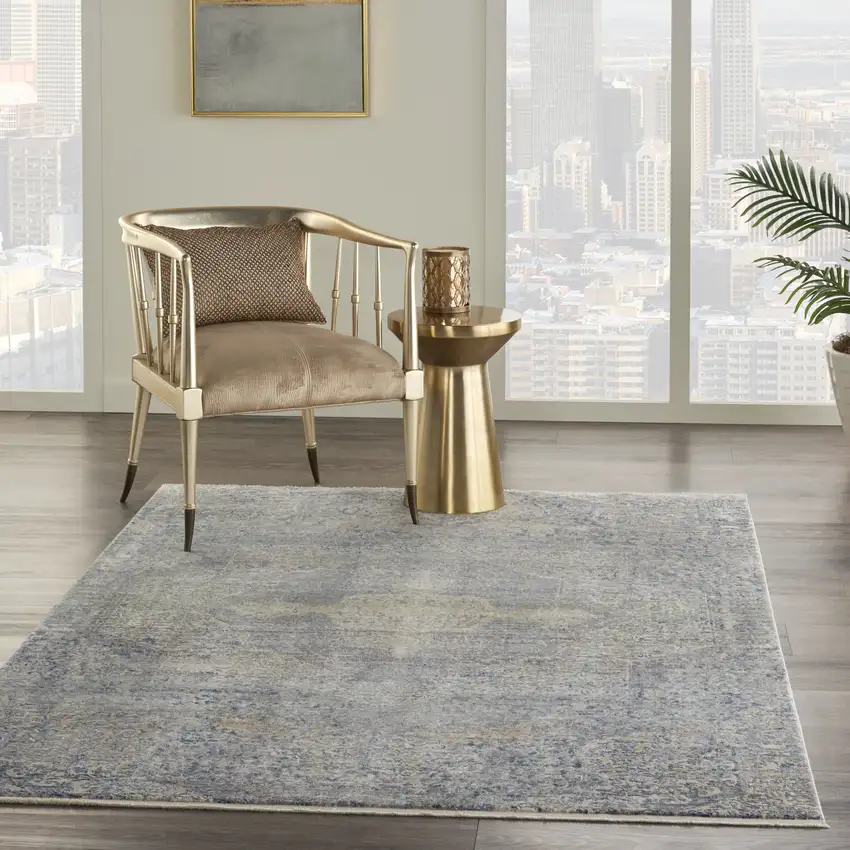 Blue Gray And Cream Floral Non Skid Area Rug With Fringe Photo 7