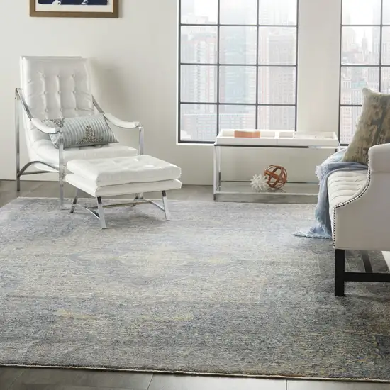 Blue Gray And Cream Floral Non Skid Area Rug With Fringe Photo 6