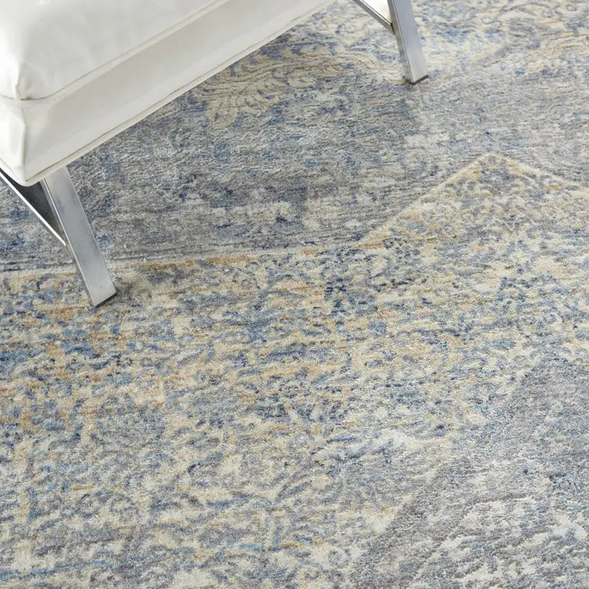 Blue Gray And Cream Floral Non Skid Area Rug With Fringe Photo 5
