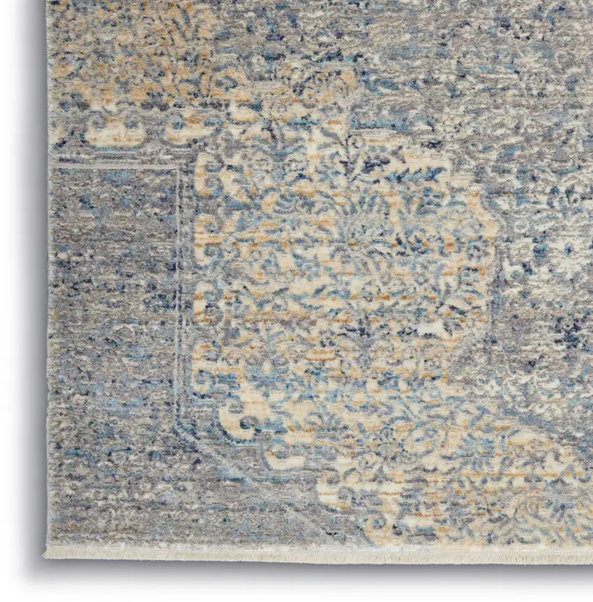 Blue Gray And Cream Floral Non Skid Area Rug With Fringe Photo 8