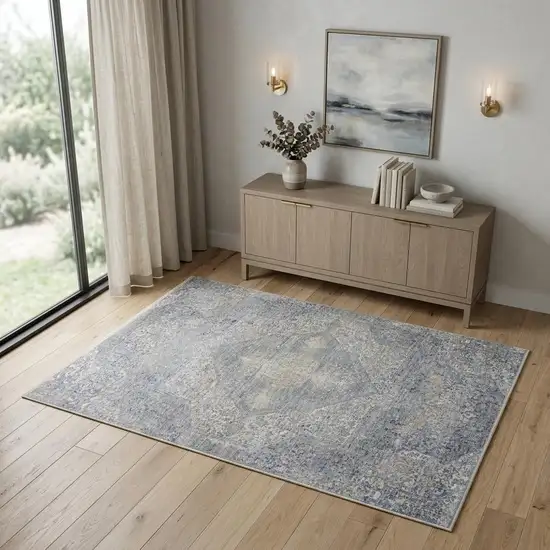 Blue Gray And Cream Floral Non Skid Area Rug With Fringe Photo 1