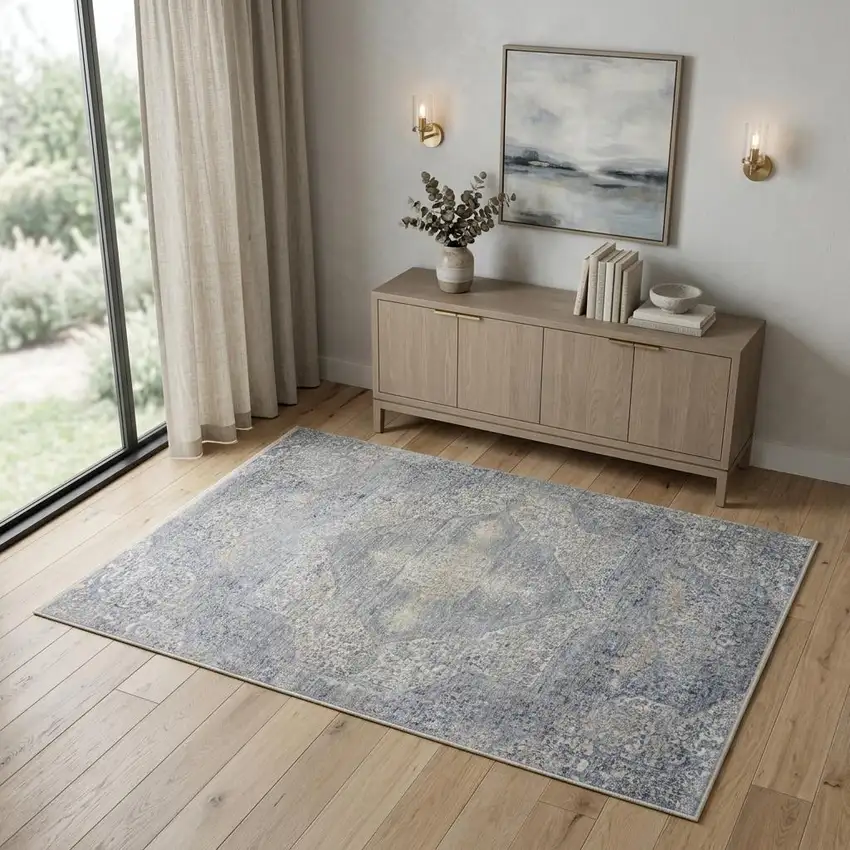 Blue Gray And Cream Floral Non Skid Area Rug With Fringe Photo 1